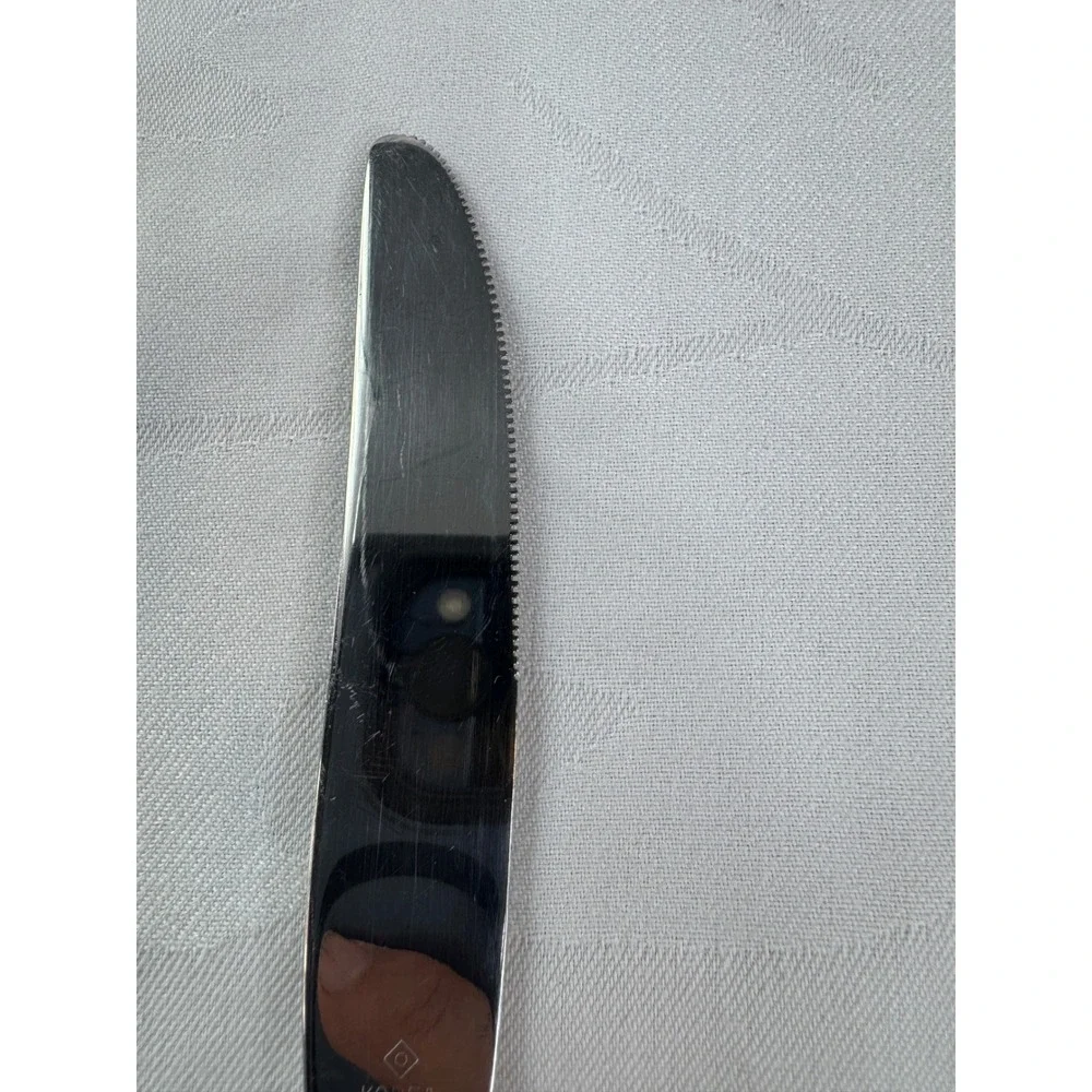 Vintage Stainless Steel Dinner Knife Flared Fan Pattern Handle Serrated Korea